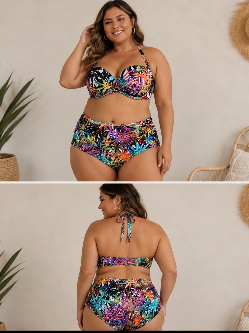 Women’s Tropical High-Waist Bikini Set - Multicolor